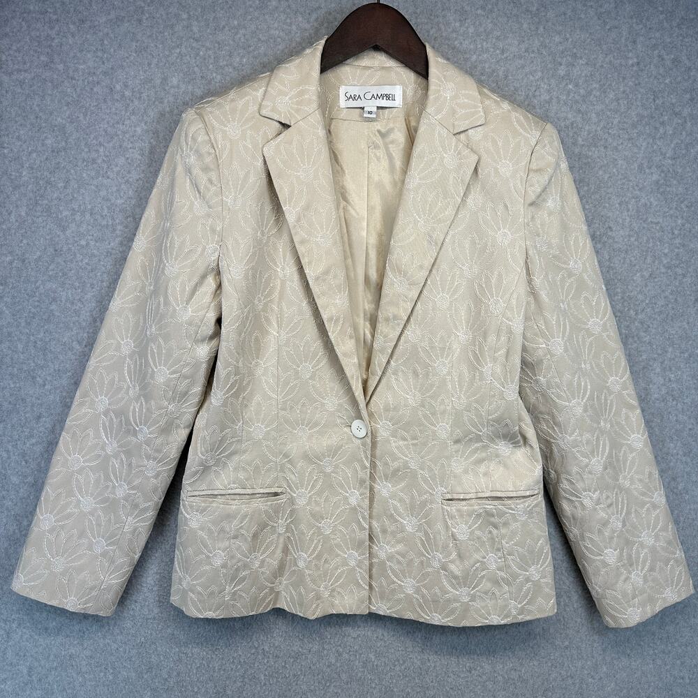Sara Campbell Blazer Jacket Womens Size 10 Cream Floral Embroidered One-Button
